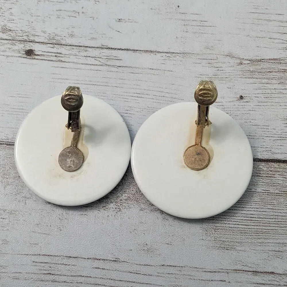 Vintage Clip On Earrings Large Cream & Blue Statement Circle